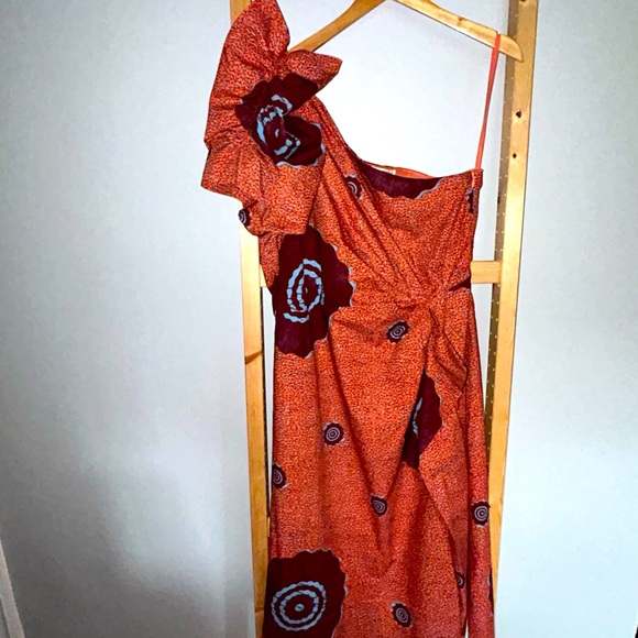 ULLA JOHNSON Cotton Print One Shoulder Ruffle Midi Shift Dress Size 12 - Picture 7 of 7